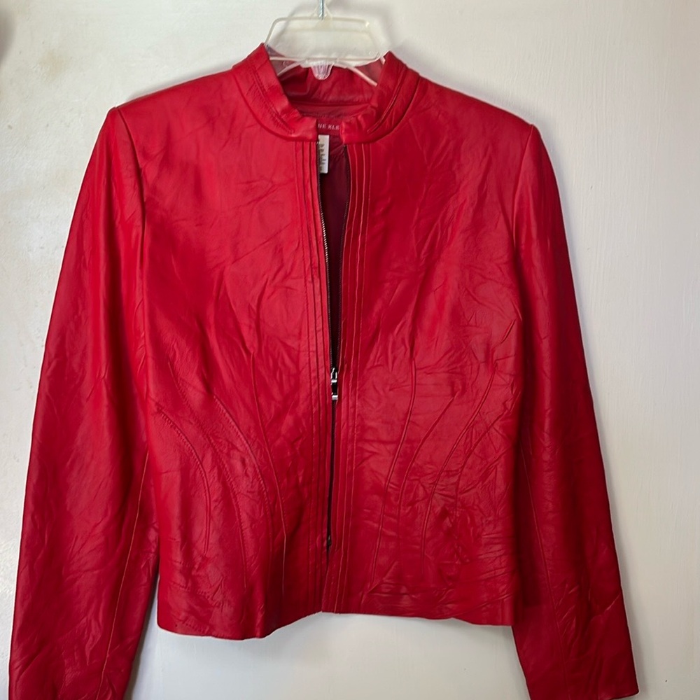 NWT Anne Klein Red Leather Zip-Up Jacket. Size PS. Fully Lined. Mock Collar.
